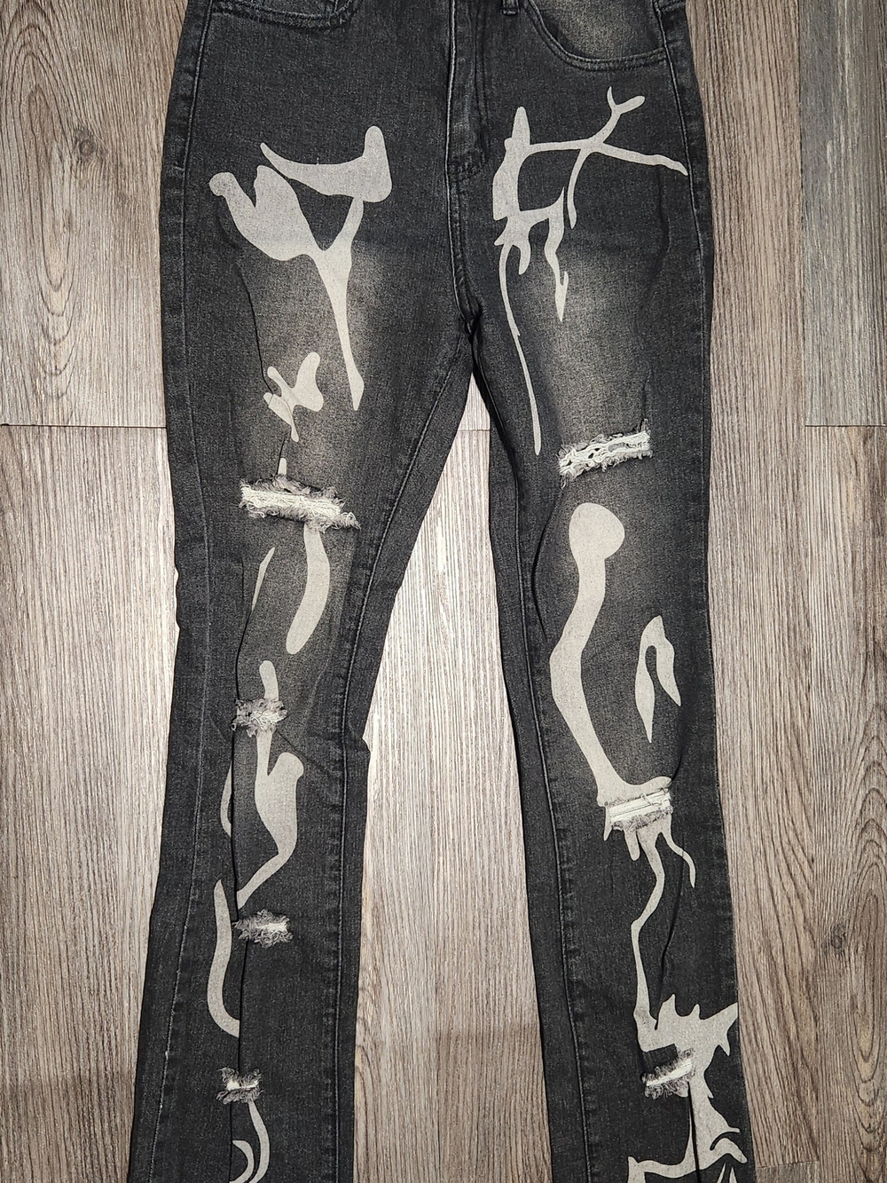 SHEIN Black Washed Distressed Jeans with Cream Paint Splatter